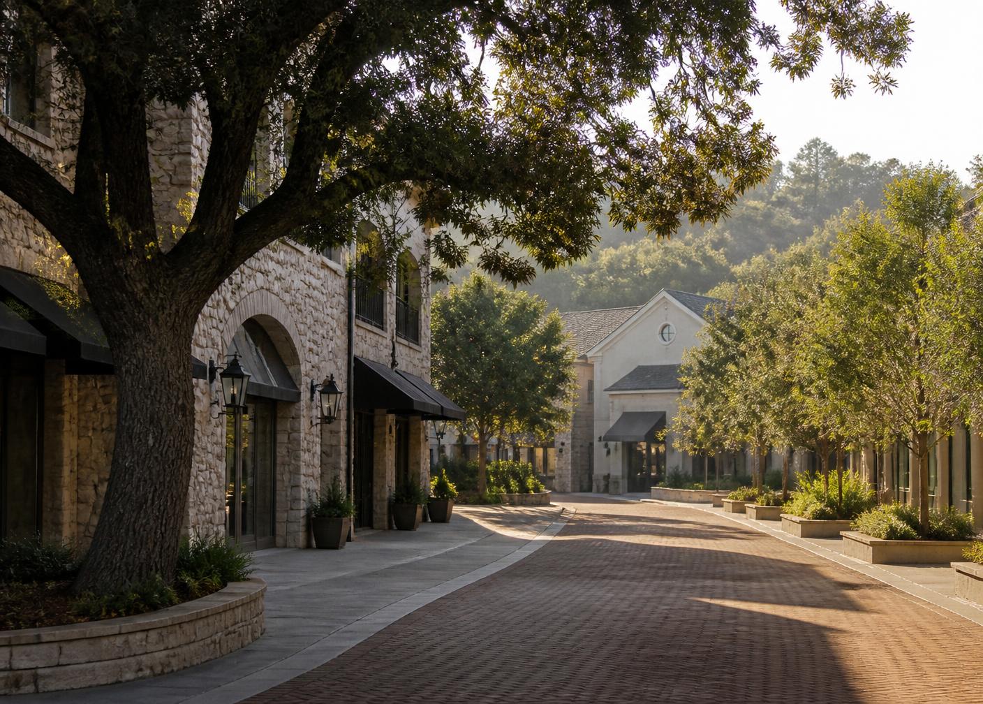 Tree-lined commercial district in Lafayette, California near the firm's Mt. Diablo Boulevard office